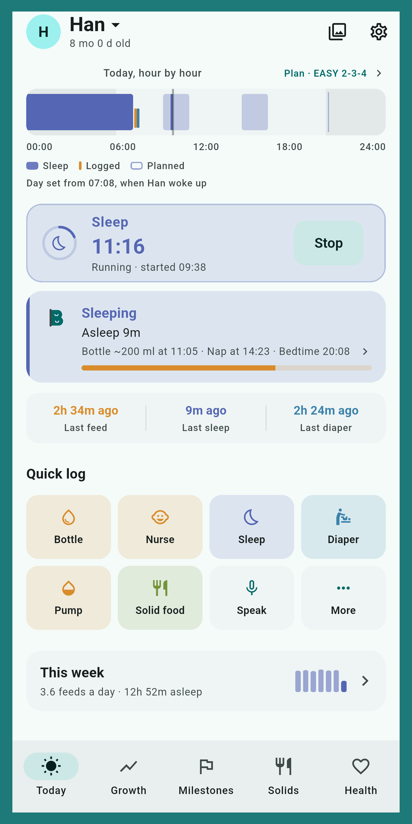 The Bes Today screen: a running sleep timer, time since the last feed, sleep and diaper, and a grid of one-tap log buttons