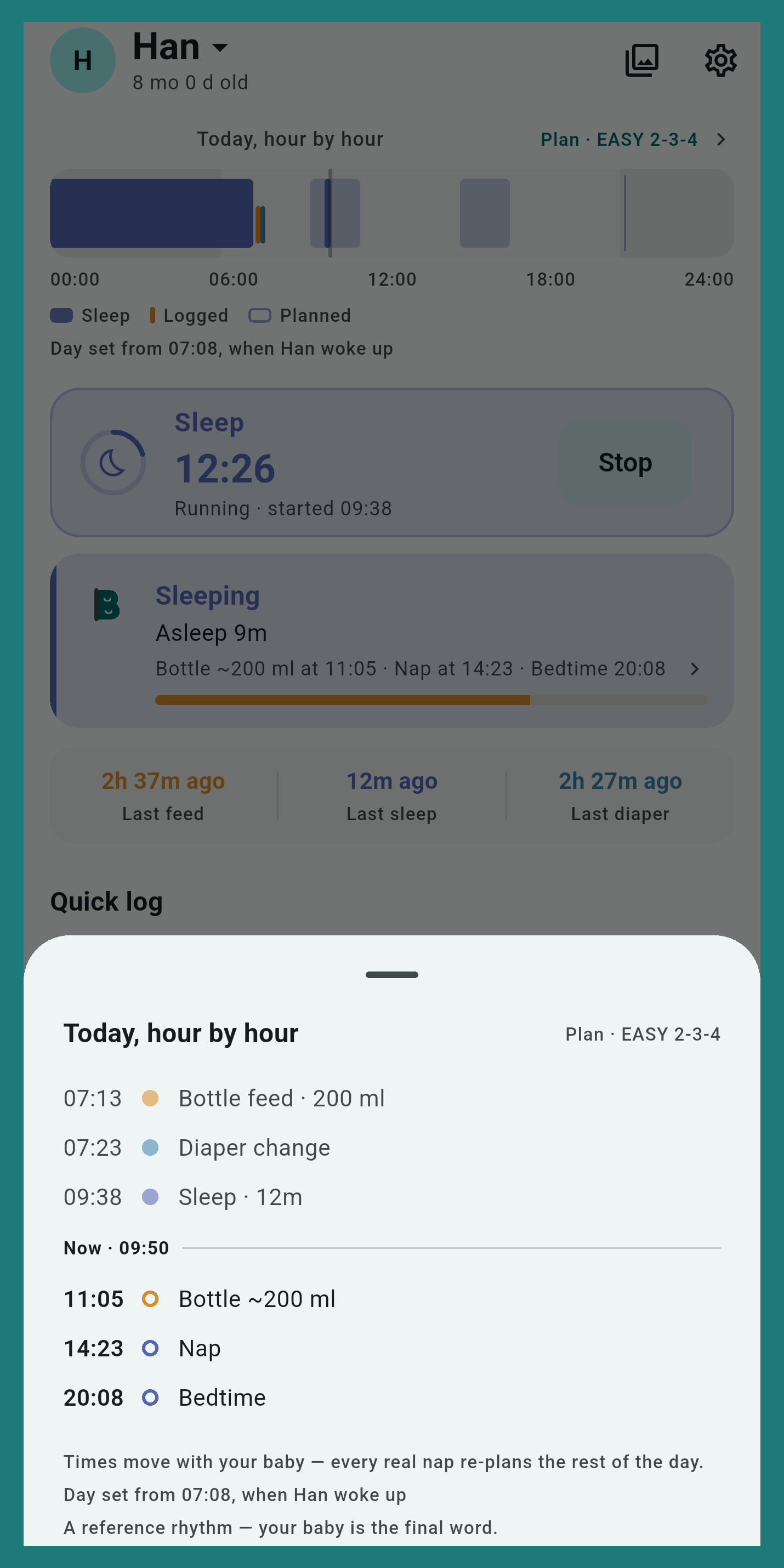 The Bes day plan sheet, showing the day laid out hour by hour with logged and planned events