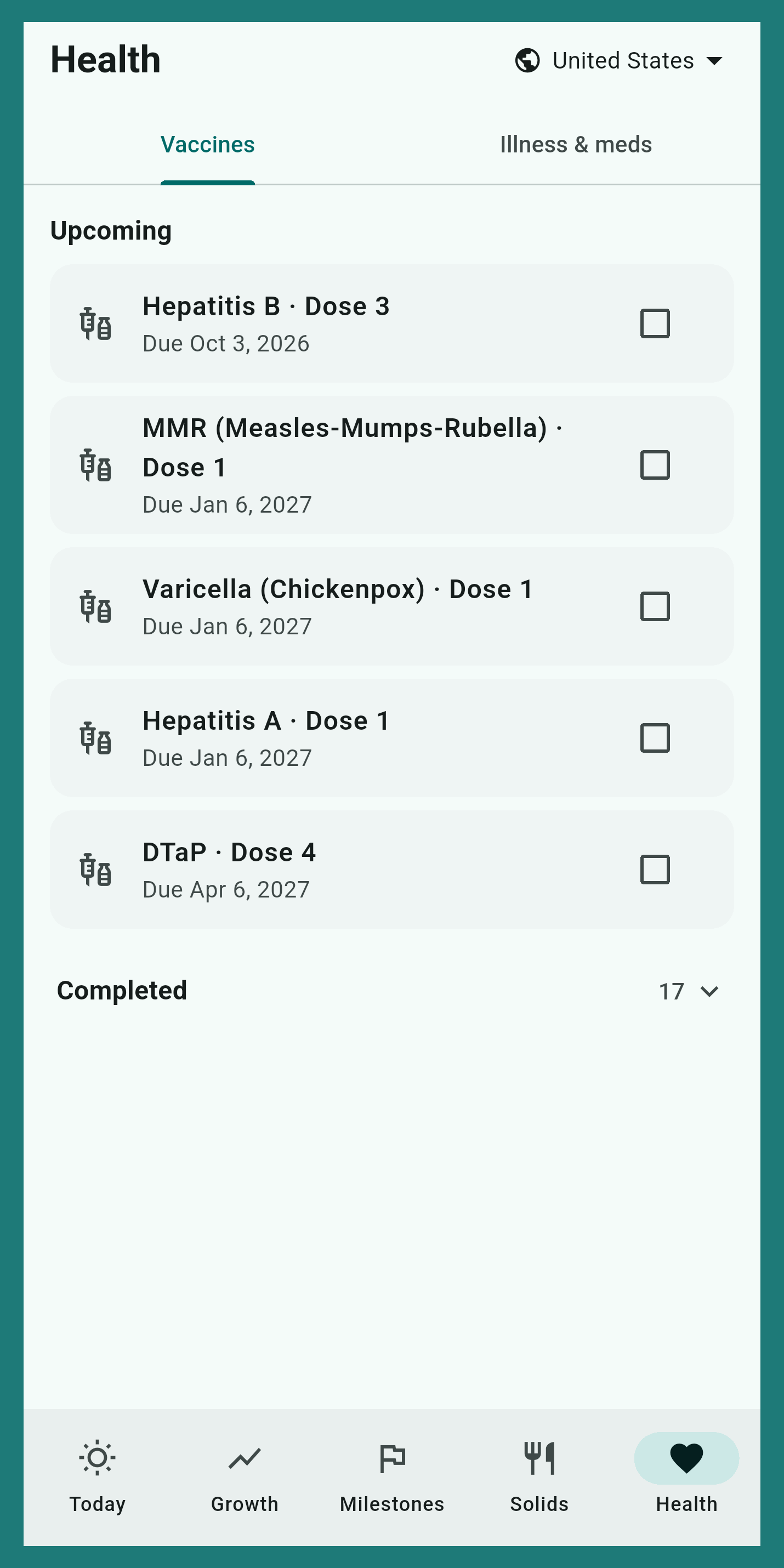 The Bes Health screen, listing temperatures, medicines and symptoms